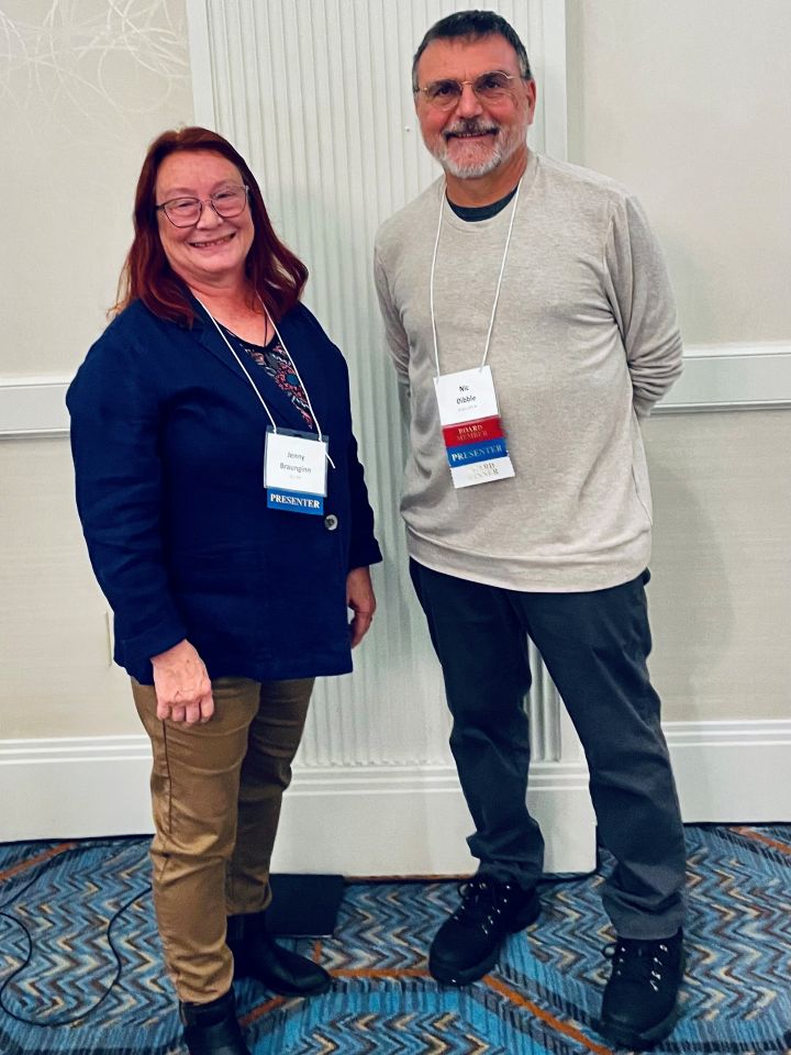 Co-presenting “How to Advocate on Controversial Issues (without Losing your Job!)” at November 2024’s Midwest School Social Work Conference in Milwaukee: the University of Wisconsin-Madison’s Jenny Braunginn (left) and retired Wisconsin Department of Instruction education consultant Nic Dibble.